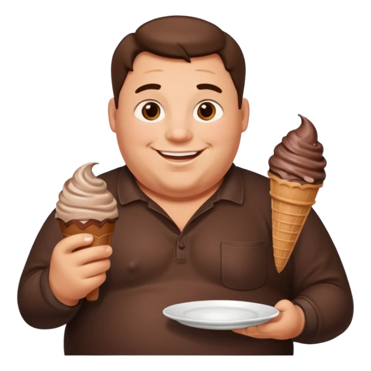 A fat man with a plate of chocolate ice cream sticker