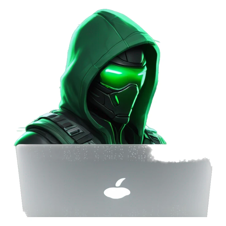 Side view developer behind his laptop with this style : crysis Cyberpunk Valorant neon glowing bright green character green black hooded assassin themed character sticker