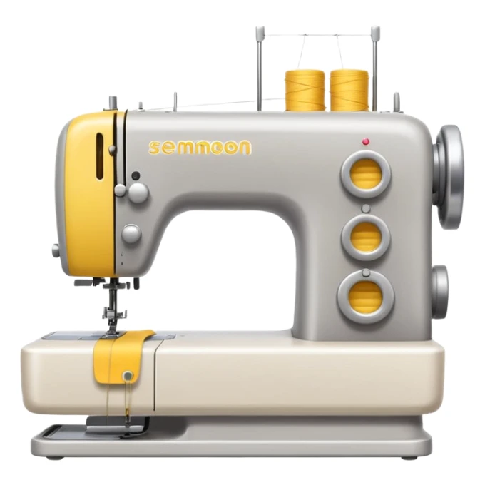 Emoji of a modern sewing machine inspired by a Brother machine. Soft, rounded shapes in the style of Apple emojis, with subtle gradients and soft shadows. White body with light gray details, a yellow spool on top sticker