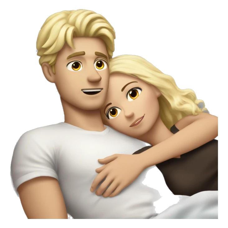 White blond boyfriend Laying in Bad kuddling with brunette grilfriend sticker