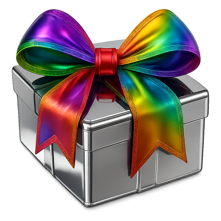 Make the bow on the reflective chrome present colorful while keeping the box highly polished, no background. sticker