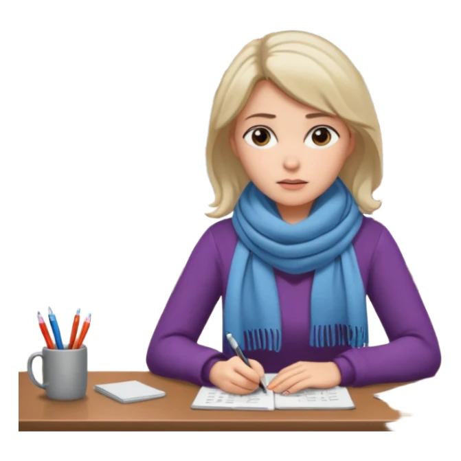 Person sitting at desk, looking tired, winter outside, woman  sticker