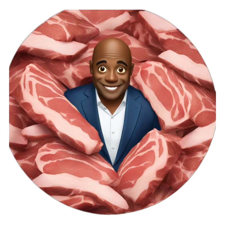 Ainsley Harriott hiding in a big pile of meat sticker