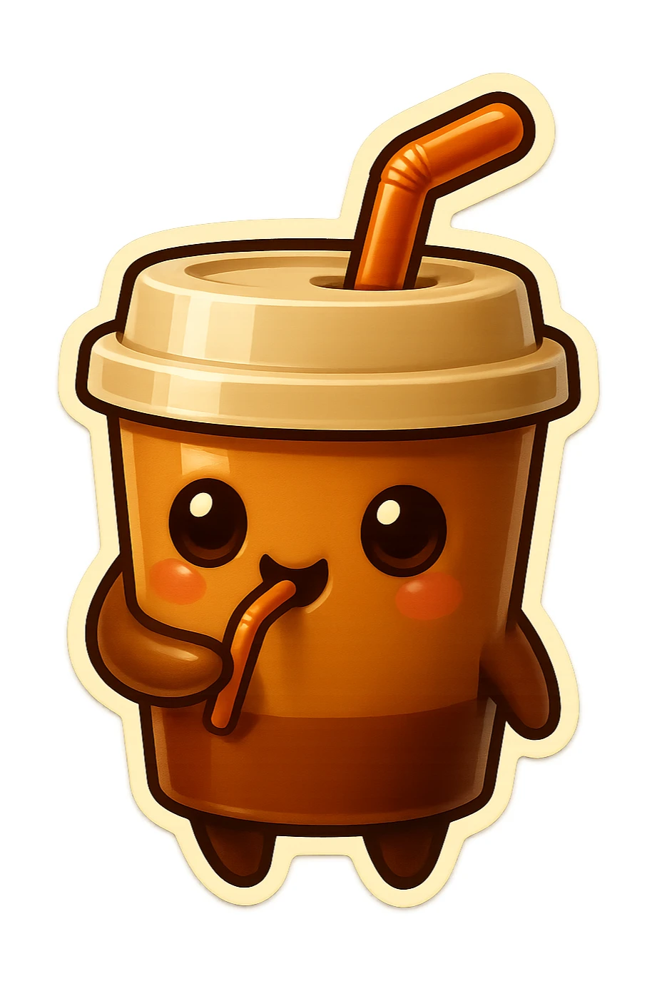 Tall coffee cup, intrigued, drinking coffee with straw, watching sticker