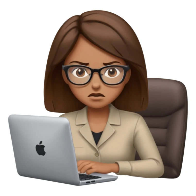 Uma mulher de cabelo castanho que é professora e um pouco brava a trabalhar no computador sem usar óculos sticker