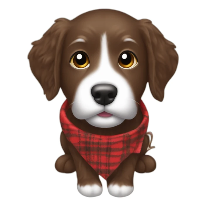 Chocolate brown colored doodle with a red and black flannel hankerchief holding a plush trout fish chew toy sticker
