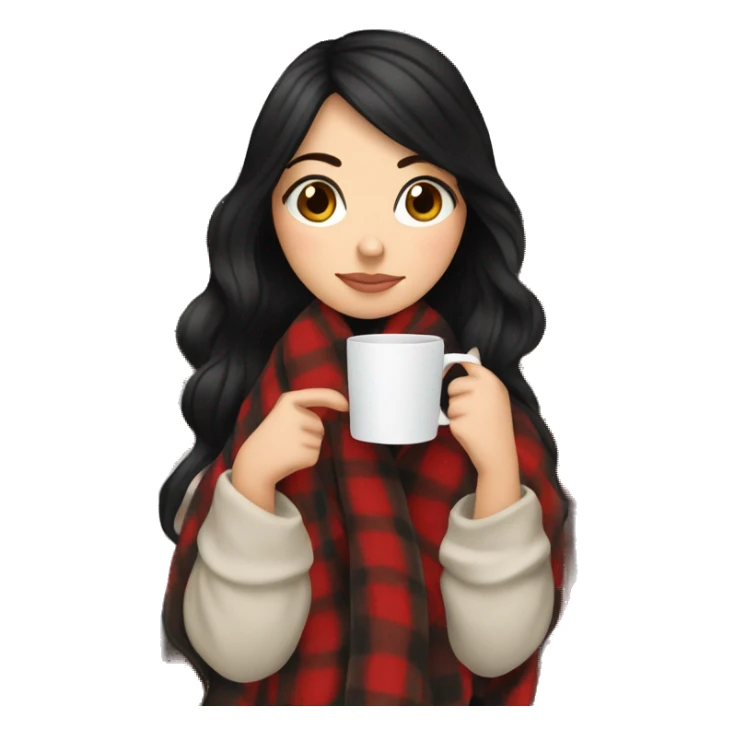white girl black hair wrapped in cozy plaid blanket drinking a coffee sticker