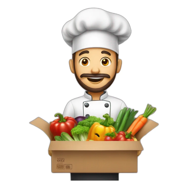 A CHEF WITH A SURPRISE BOX full of vegetables with no hat chef and a beard sticker