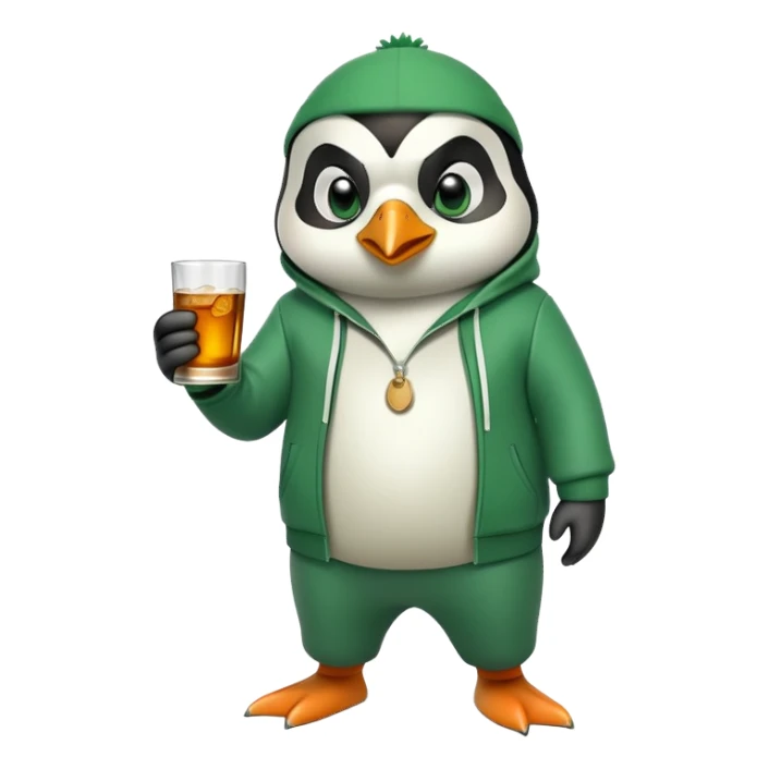 full body friendly anthropomorphised penguin wearing green mafia-style tracksuit, angry confident scheming stance, holding glass of whiskey sticker