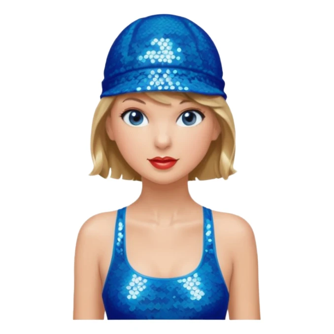Taylor Swift wearing a one piece blue bathing suit with sparkly sequin straps. She is also wearing a sequin blue swim cap with a sequin strap going under her chin.  sticker