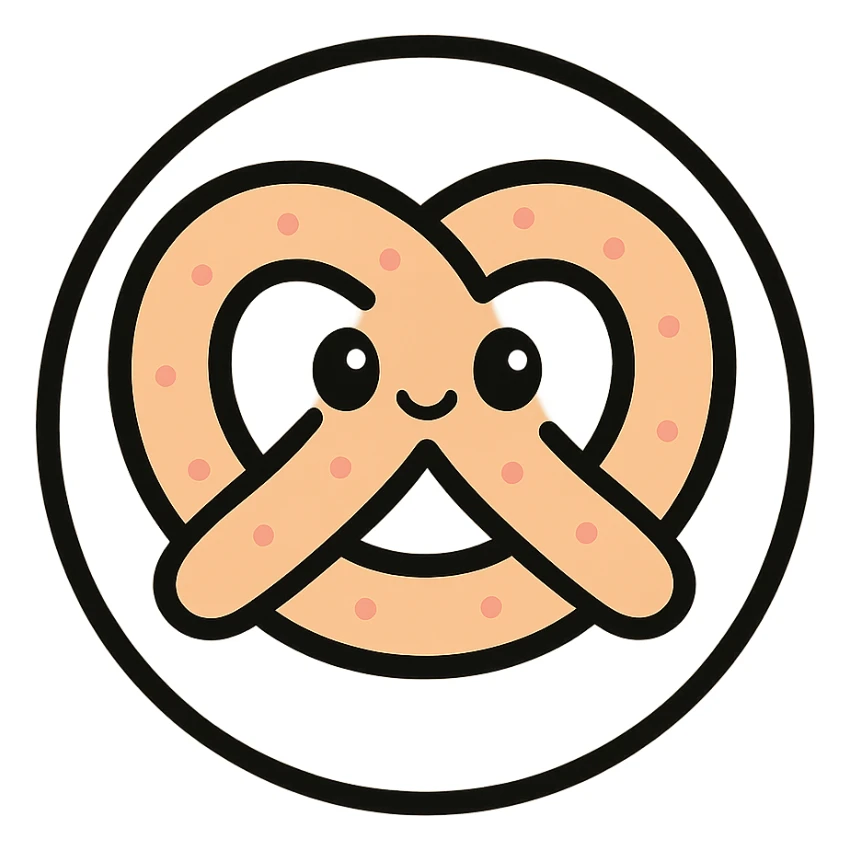 little alchemy style icon
subject: pretzel
border: medium-black
shape: round, circular
background: white
style: full color fill with medium black outlining sticker