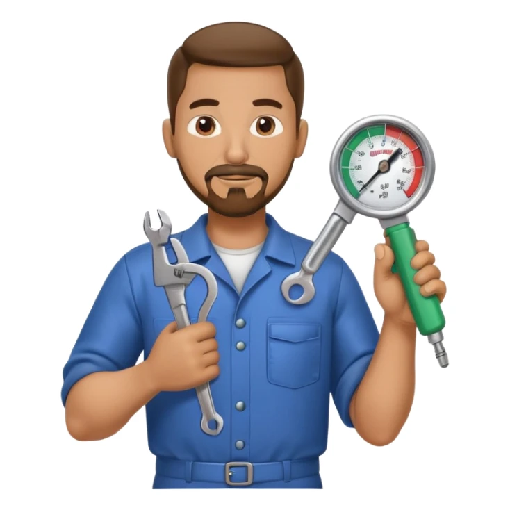 hispanic HVAC repairman action figure with goatee beard holding a wrench and refrigerant gauge sticker