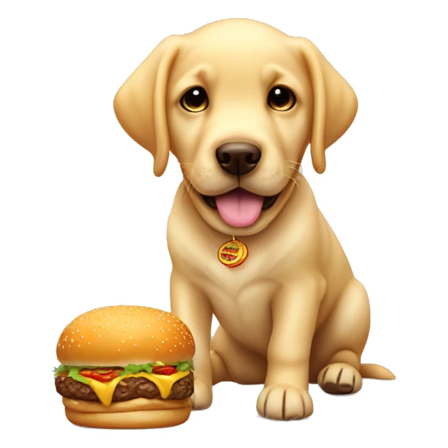 Cute golden Labrador puppy with a big burger sticker