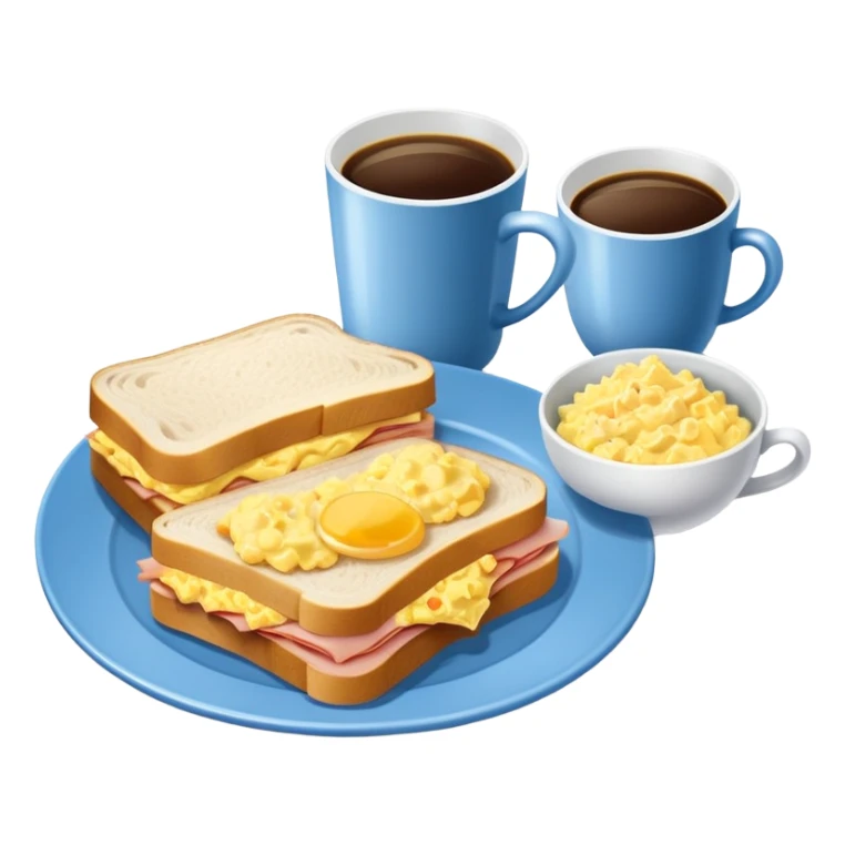 a blue breakfast plate, a sandwich with ham and scrambled eggs and a cup of white coffee sticker