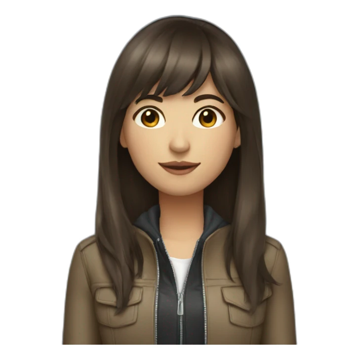 brunette girl with long hair and bangs in a jacket sticker