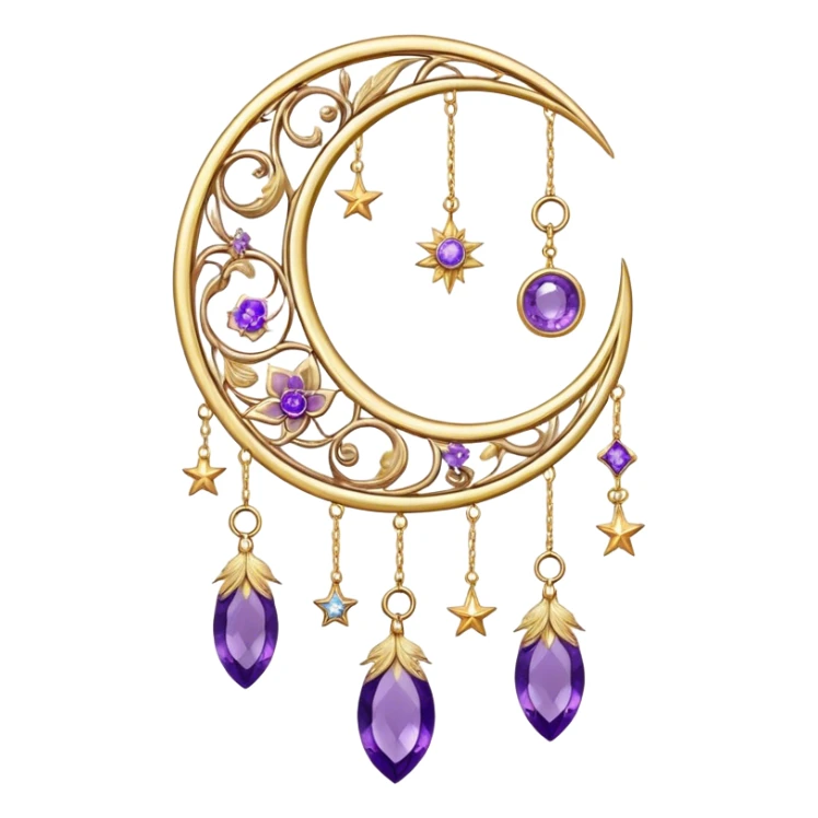 Epic beautiful gorgeous cute gold suncatcher, threads with shiny sparkly amethyst gemstones, flowers, crescents-moons, stars, gold Feathers  sticker