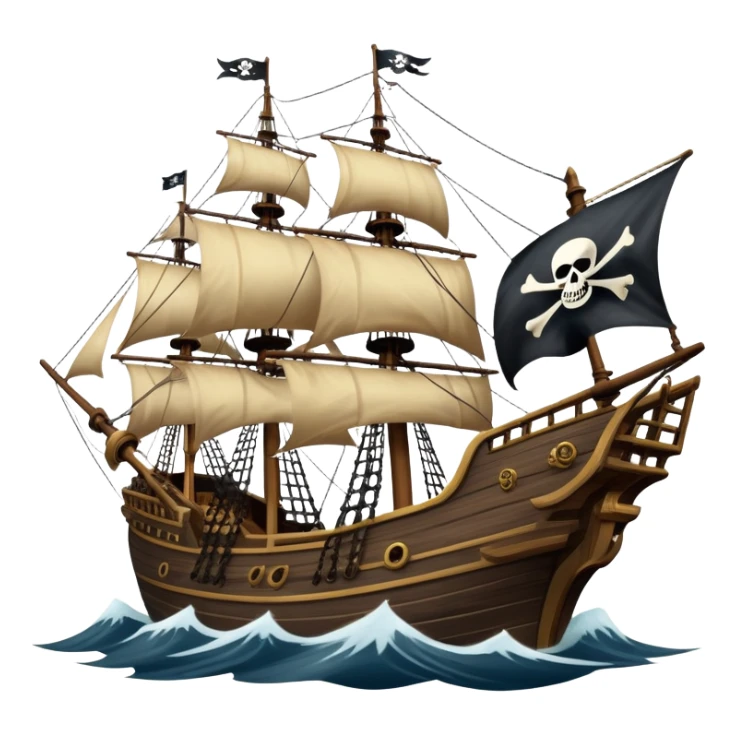 An icon representing an adventure game, inspired by high-seas exploration. The design features a fearless pirate gripping the wheel of a grand sailing ship, its tattered Jolly Roger flag billowing as it cuts through stormy waters. The scene evokes danger, treasure, and the thrill of the open sea. Transparent background. sticker