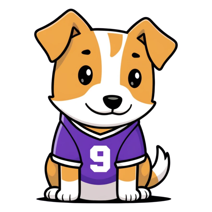 Dog in the street with a purple jersey wearing 9 sticker