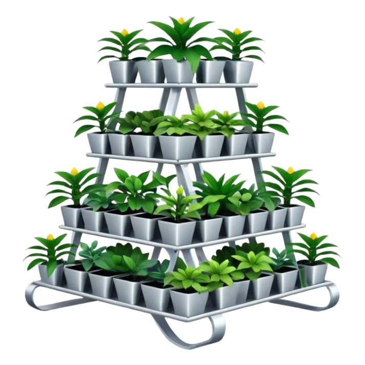 Very Large alien-futuristic multi-tier multi-level square-sided plant rack, which holds thirty-five plants, constructed from plywood sticker