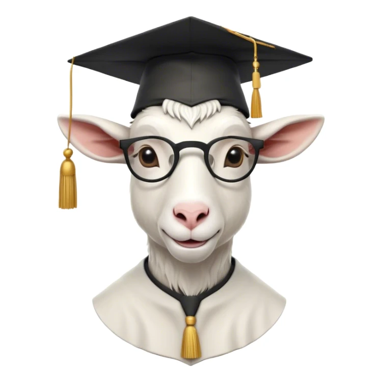 A minimalistic and cartoonish bust of a goat wearing a classic graduation cap (mortarboard) with a tassel hanging slightly to one side. The goat has a confident yet slightly goofy expression, with small round glasses on its nose to emphasize intelligence. It is dressed in a simple academic gown or a collar with a red bow tie for a scholarly look. The background is plain white to keep the focus on the character. The design is sleek, modern, and fun, with smooth lines and soft shading. sticker