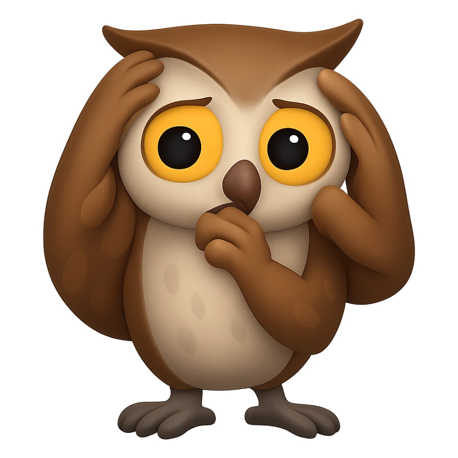 В стилистике эмоджи сгенерируй сову, на задумчиво, подпирает крылом голову, а другим чешет голову, прозрачный фон sticker