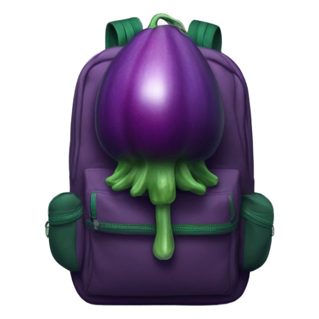 a dark green canvas backpack with a single, ripe eggplant resting on top sticker
