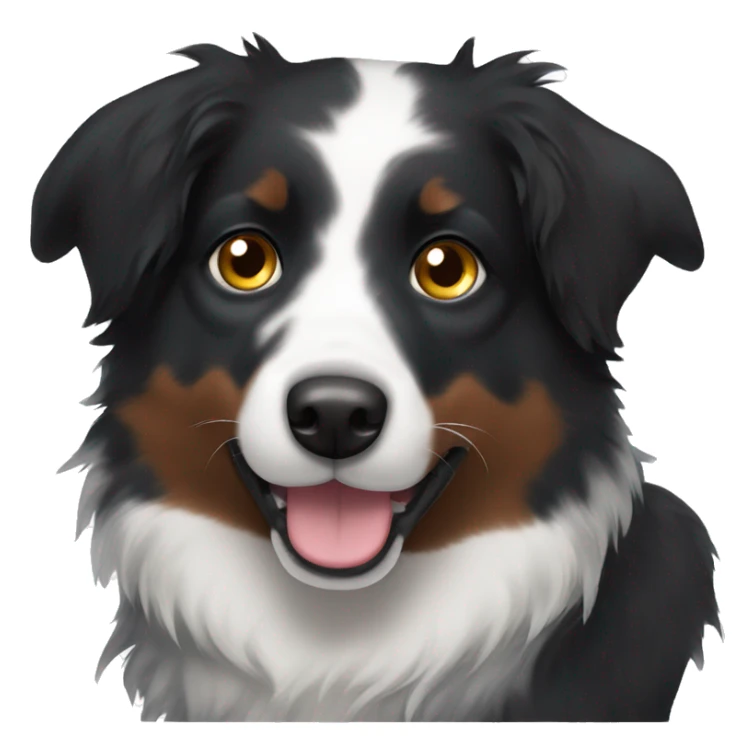 Small black australian shepherd dog with dark brown eyes and black face sticker