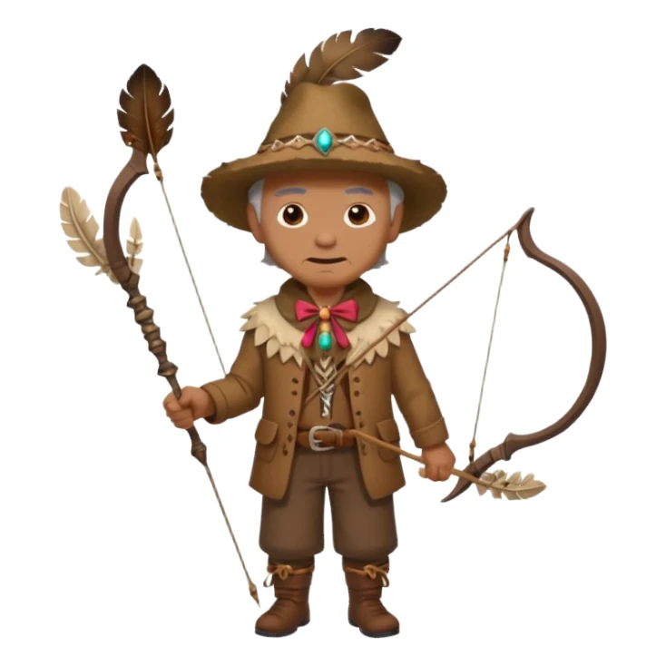 The classic image of a middle-aged uncle hunter carrying a bow, dressed in brown clothes, with some ornaments made of feathers, bones or teeth on his body. sticker