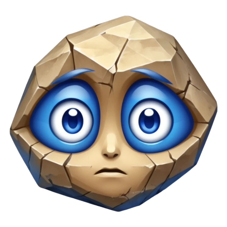 A single sapphire-blue faceted rock head, chunky and worn, with very visible big cracks and chipped facets but still shiny, big kind eyes sticker