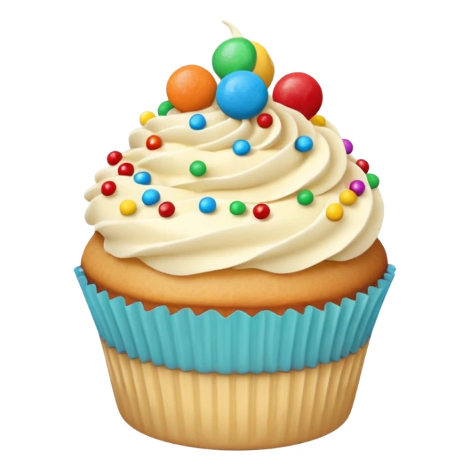 a soft vanilla cupcake with creamy frosting, decorated with scattered small, round, brightly colored candy-coated chocolates on top sticker