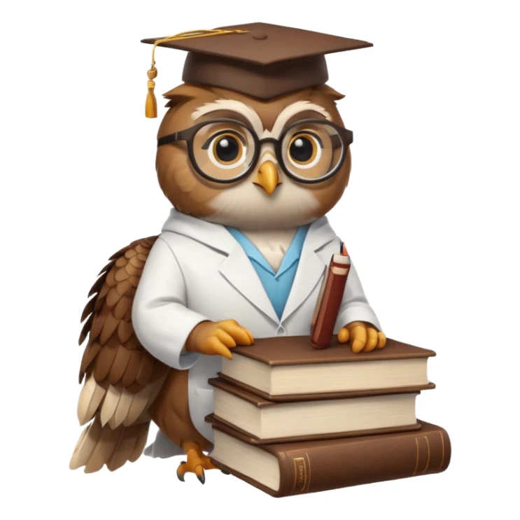 Wise owl with glasses, wearing a lab coat, perched on a stack of books. sticker