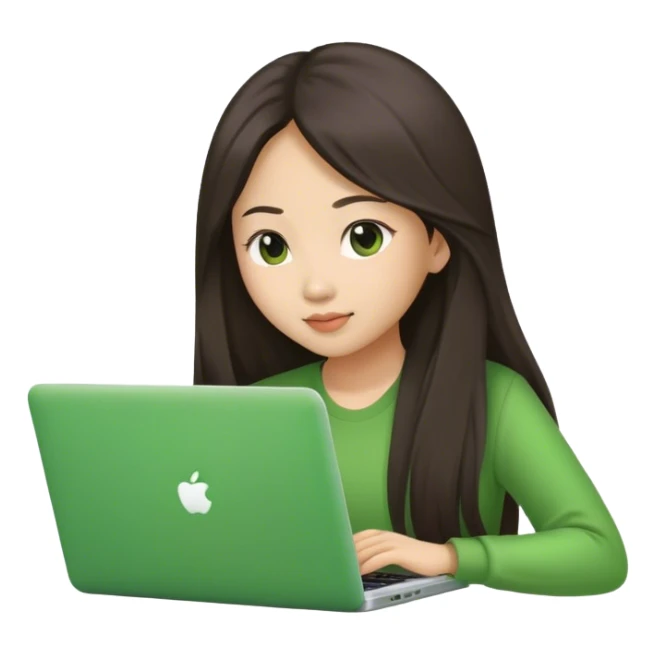 Long hair asian woman working on green laptop sticker