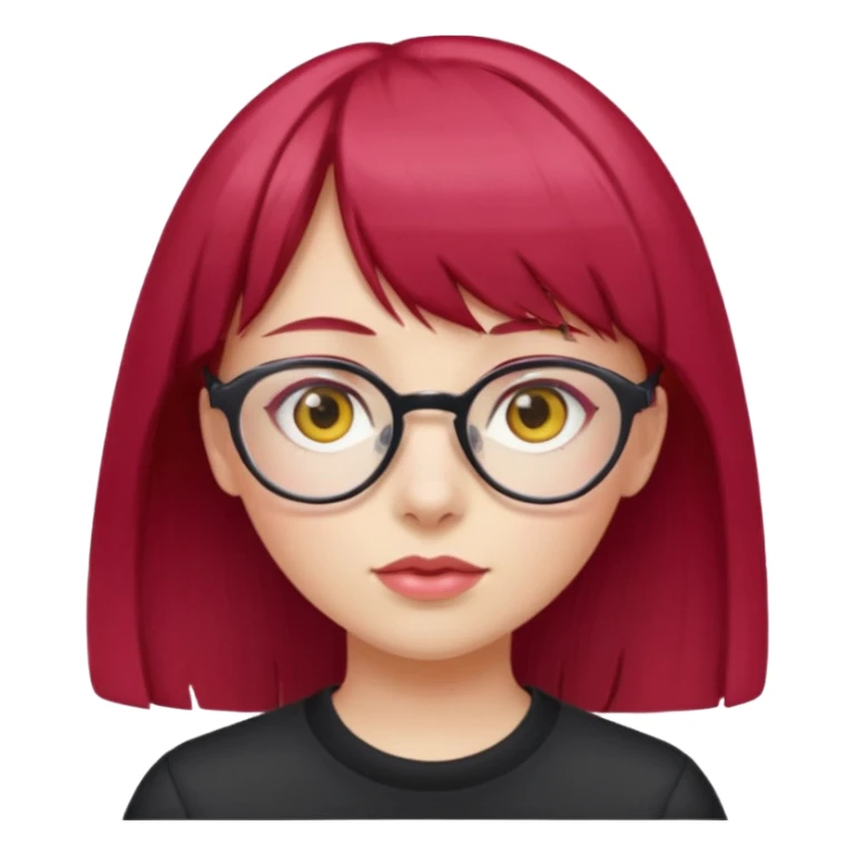 Menina com cabelos vermelho Cherry, liso com franja,olho direito rosa e olho esquerdo amarelo,pele clara e com oculos  sticker