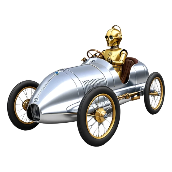  1949 luxury racing C-3PO Rolls Royce lowered powerful 4 cylinder engined silver ghost racing cyclekart with advanced rugged independent suspension, power steering, disc brakes and small leather covered steering wheel  sticker