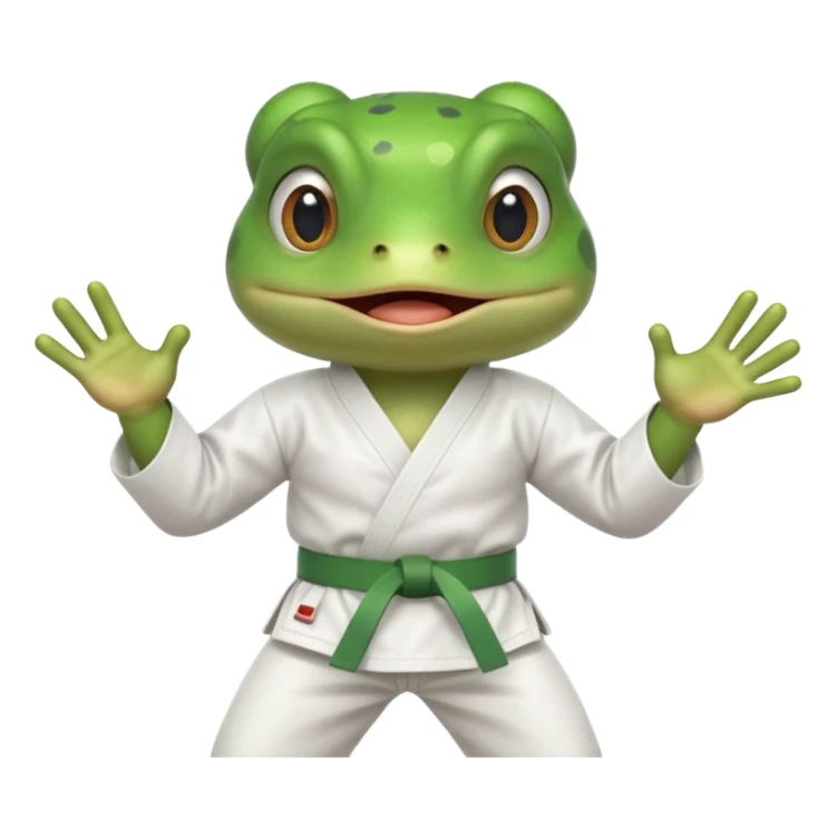cute frog doing karate portrait, head and shoulders only, wearing white gi uniform, green belt visible, funny serious face, 3D cartoon, mobile game icon style, clean background, no text, no watermark
 sticker