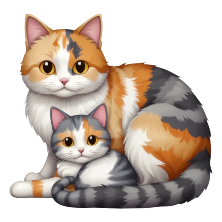 full body colourful light patched calico + white tabby cat cuddling a large grey and white cat  sticker