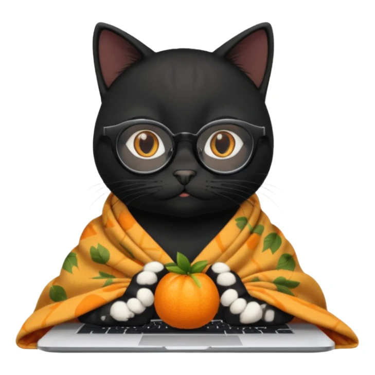A black female cat working on a MacBook, with long, black straight hair, with round frames and thin glasses, and she wears a blanket with an orange fruit pattern sticker