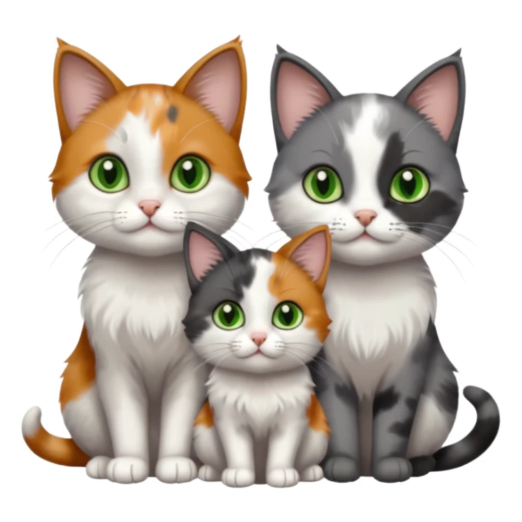 3 different coloured small cats including a dark grey and white, and a patchy calico with hazel eyes and a completely solid dark grey with green eyes and only white paws sticker
