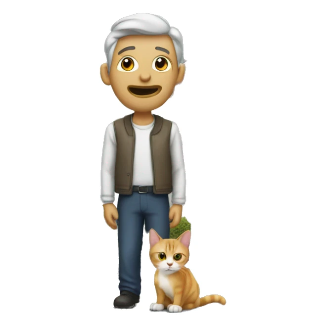 a man and a cat, at behind have a house sticker