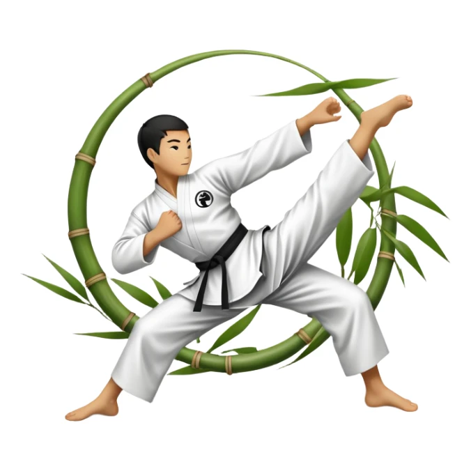 An icon symbolizing Eastern martial arts in the style of an emblem, featuring a black-and-white Yin-Yang symbol at the center. A martial artist is performing a fluid kick, surrounded by elements like a dojo and bamboo. Transparent background highlights balance and harmony. sticker