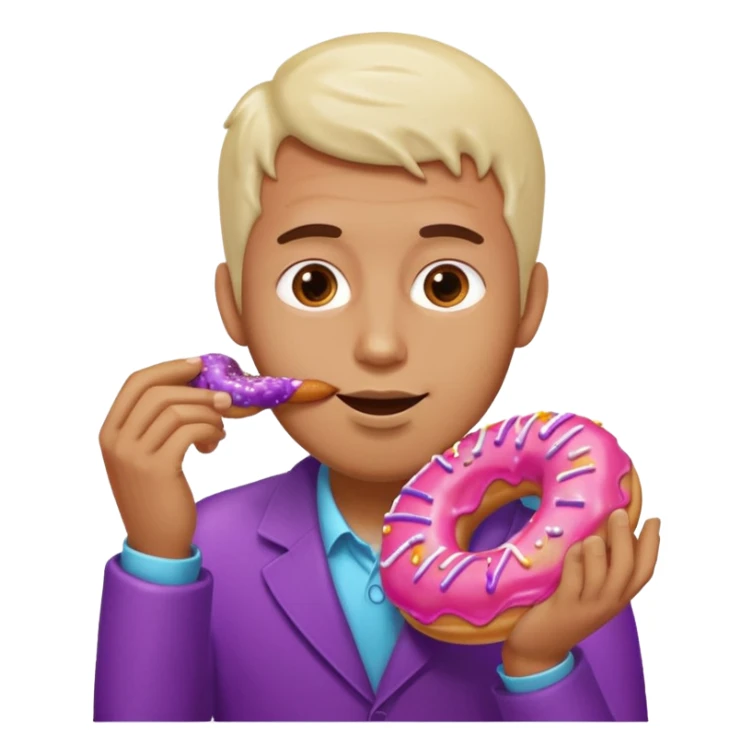 A man eating a pink donut and an eggplant covered in white sauce sticker