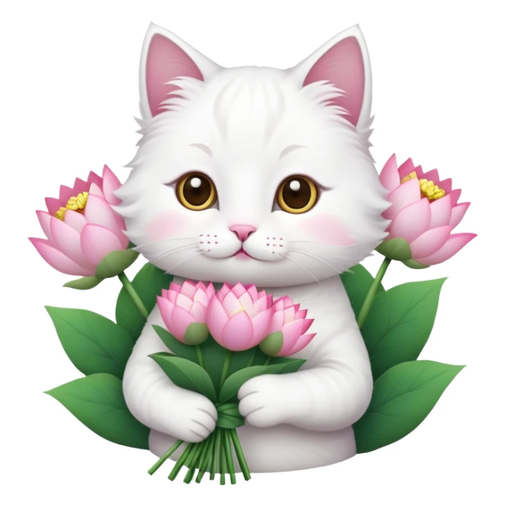 White cat holding a bouquet of lotus flowers sticker