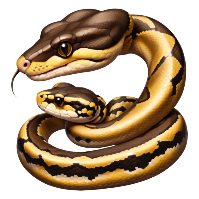 A photo-realistic digital illustration of a Ball Python, large headshot portrait. The snake has a short, rounded snout and smooth, soft contours, with a gentle, inquisitive expression that gives it a slightly playful charm. Its head is warm brown with bold, irregular dark markings. sticker