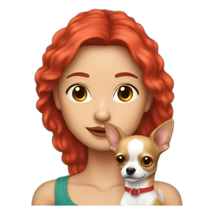 mujer blanca de pelo largo rojo con su perro Chihuahua en los brazos sticker