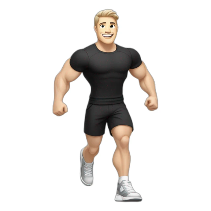 Joyful Celebrating victory Pale skinned Fit Man With the biceps and dark brown hair in black shirt, gray sports shorts and white Sneakers sticker