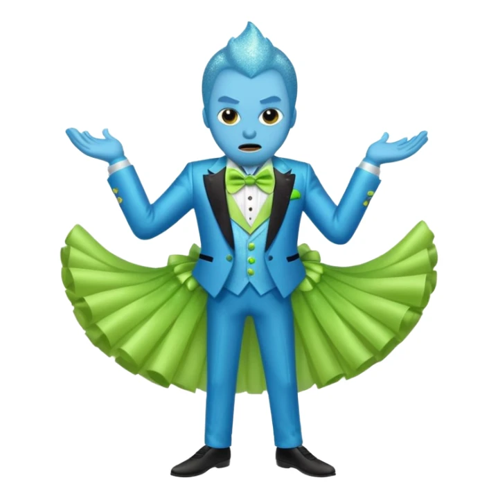 Angry blue banana fruit wearing a sparkly lime green tuxedo and tutu sticker