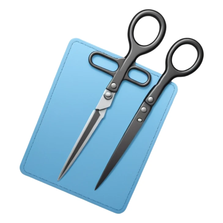 Floating black Scissors cutting a light blue military ID card in 2 parts .hyper realistic sticker