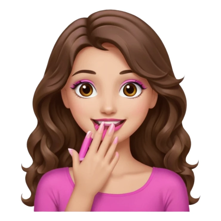 girl with long wavy brown hair, brown eyes, long lashes makeup, pink lips, light to medium complexion, pink sexy top, smiling, hand covering the mouth, giggling sticker
