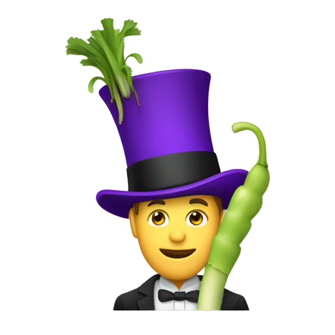 White man wearing a Top Hat with a purple band holding a leek sticker