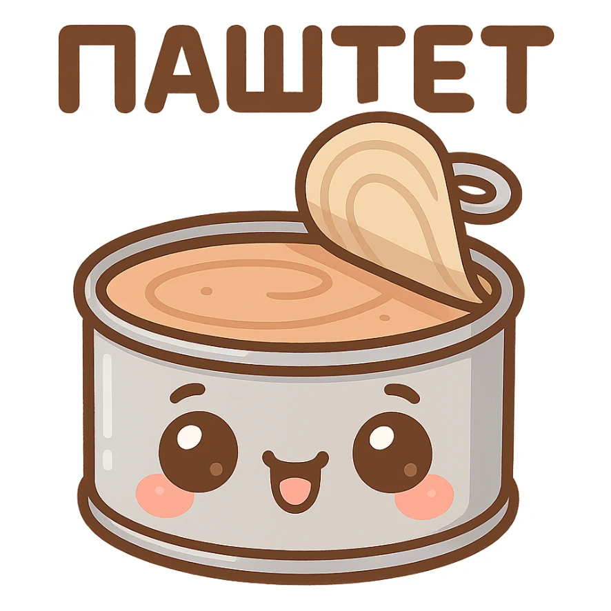 Chibi style cute open pâté tin can, lid partially opened, visible smooth pâté inside, big expressive cartoon eyes on the can, happy smiling face, tiny chubby proportions, kawaii emoji style, thick clean outline, flat illustration, soft pastel colors, simple shapes, no background, Twitch emote style, readable at small size, text on top saying "ПАСТЕТ" in bold cute Cyrillic letters sticker